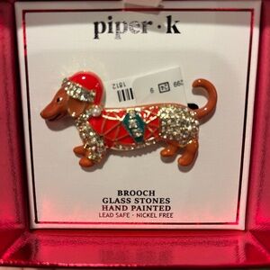 Piper K Christmas Dachshund Brooch Pin with Red and Gold Accents